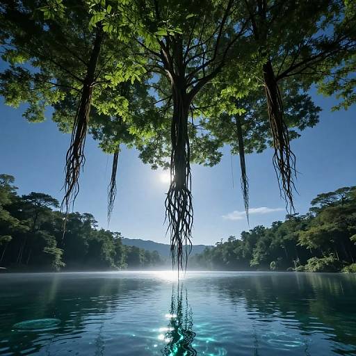 Photograph of a serene lake with a sunlit, leafy tree hanging over the water, creating a reflection on the calm surface.