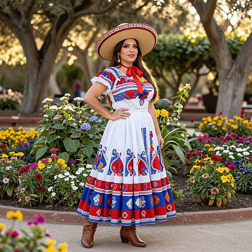 Photograph of a Latina woman in a colorful Mexican folk dress, wide-brimmed hat, brown boots, standing in a vibrant garden.