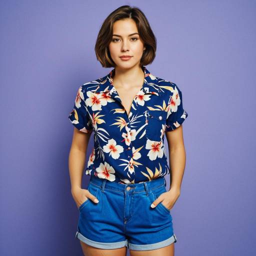 Young woman in floral shirt and denim shorts