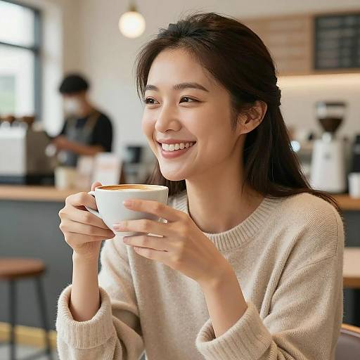 Smiling Asian Woman Enjoying Coffee in Cafe