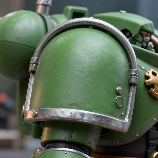 Close-up photograph of a green, metallic, robot helmet with a silver rim, showing detailed textures and rivets, against a blurry urban background.