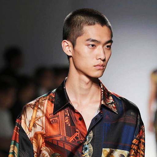 Photograph of an Asian male model with short black hair, wearing a colorful, abstract-patterned shirt, walking on a fashion runway.