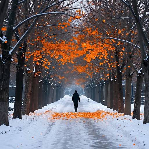 Photograph of a person in a dark coat walking down a snow-covered path lined with bare trees and bright orange leaves.