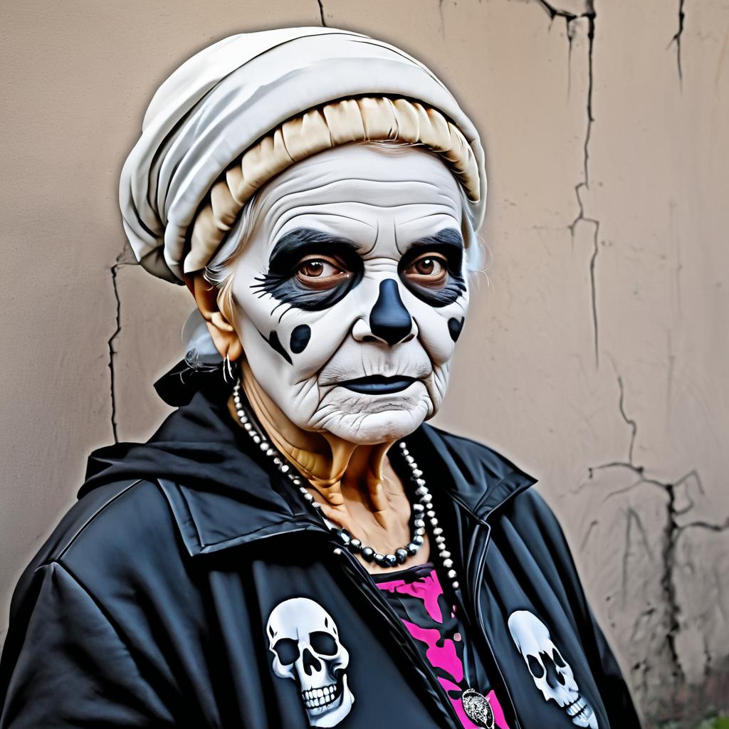 Elderly Woman with Skull Face Portrait