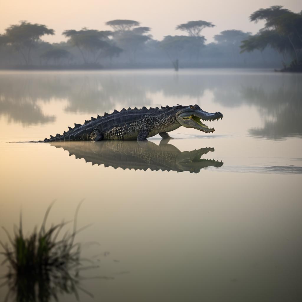 Crocodile Stalking Prey in Morning Light