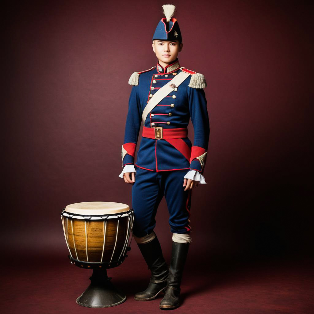 Amused Drummer Boy in Vintage Uniform