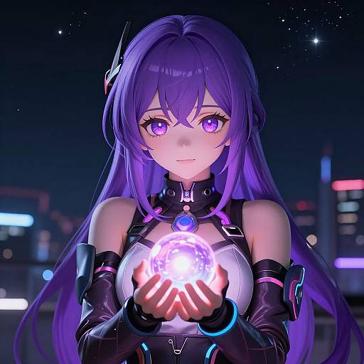 Digital anime-style drawing of a purple-haired girl with glowing purple eyes, holding a bright, glowing orb in a nighttime cityscape.