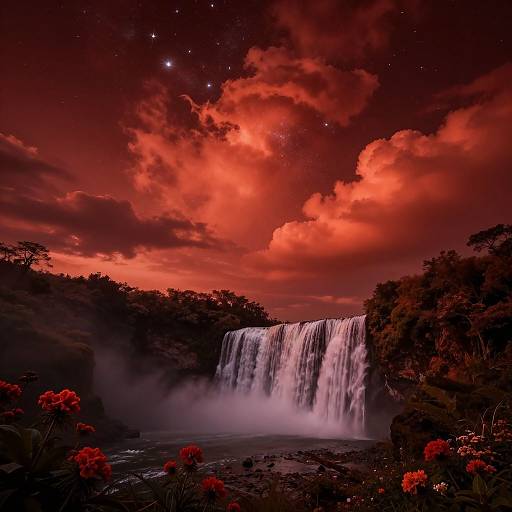 Photograph of a dramatic waterfall under a vivid red and orange cloudy sky, with starry night stars and red flowers in the foreground.