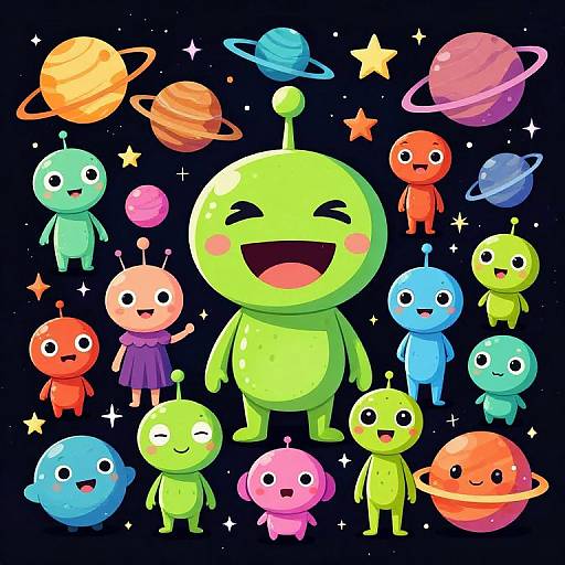 Colorful cartoon aliens and planets in a starry night background. Bright, cheerful characters with various skin colors and shapes, smiling and standing around large,
