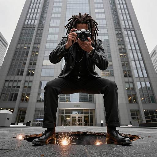 Man with camera shooting sparks in urban setting