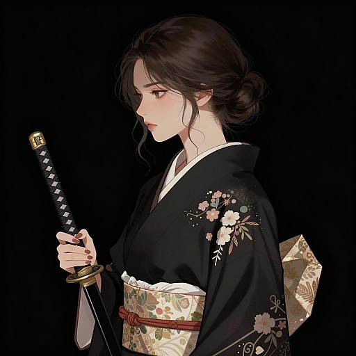 Elegant Woman in Black Kimono Profile