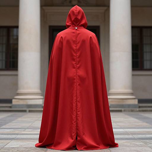 Photograph of a person in a vivid red hooded cloak standing with back to camera, facing grandiose stone building with columns.