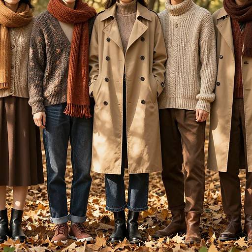 Photograph of four people standing in autumn, wearing beige coats, brown scarves, knit sweaters, dark pants, and boots on a leaf-st