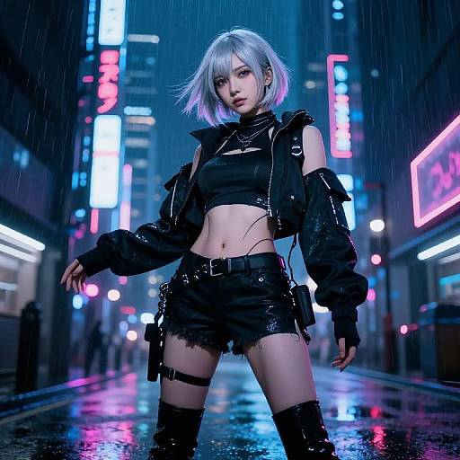 Cyberpunk photograph of a silver-haired woman in a black crop top, jacket, and shorts, standing in a neon-lit, rainy city street