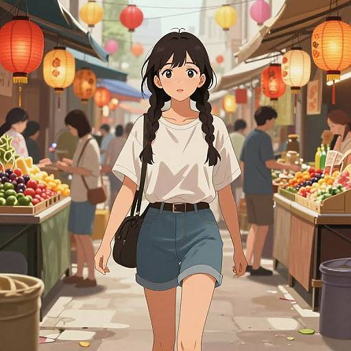 Anime-style illustration of a young woman with black pigtails, white t-shirt, blue shorts, and black bag, walking through a vibrant, lantern