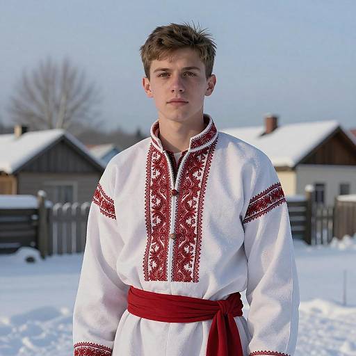 Young boy in white traditional Russian winter shirt with red embroidery and belt, standing in snowy village with wooden houses.