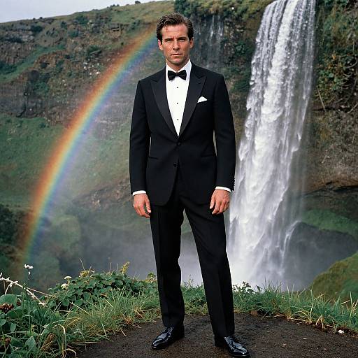 Photograph of a handsome man in a black tuxedo with bow tie, standing in front of a waterfall and rainbow, surrounded by green hills and