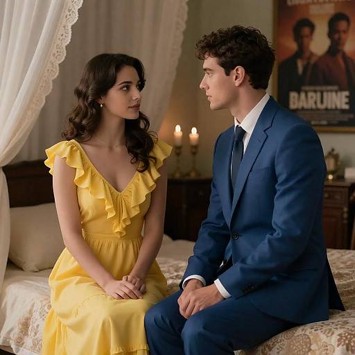 Man in Blue Suit and Woman in Yellow Dress Sitting on Bed