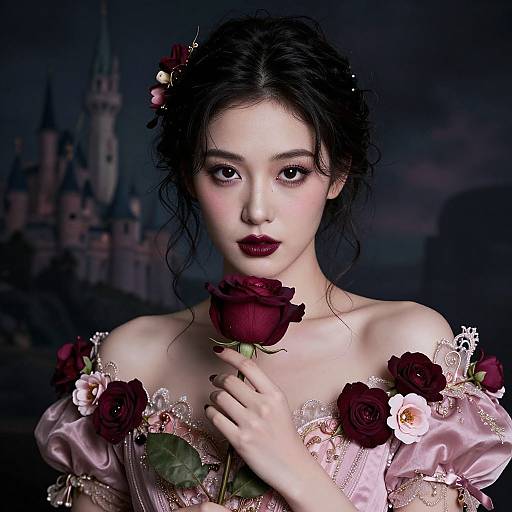 Digital portrait of a fair-skinned, dark-haired woman with delicate features, holding a red rose, wearing a pink, lace-trimmed off-