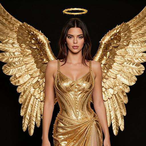 Digital art of a beautiful woman with golden wings and halo, wearing a shimmering gold dress, standing against a black background.