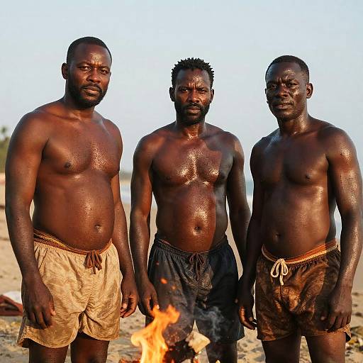 Photograph of three muscular, dark-skinned African men standing shirtless in front of a fire on a sandy beach, wearing worn shorts.