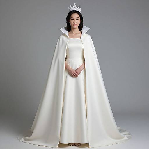 Photograph of a fair-skinned woman with black hair, wearing a white satin dress, white cape, and silver tiara, standing against a gray