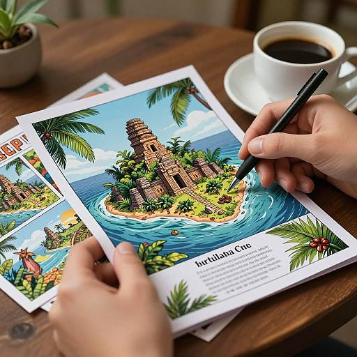 Photograph of hands coloring a vibrant, tropical island scene on a postcard, with a cup of black coffee in the background.