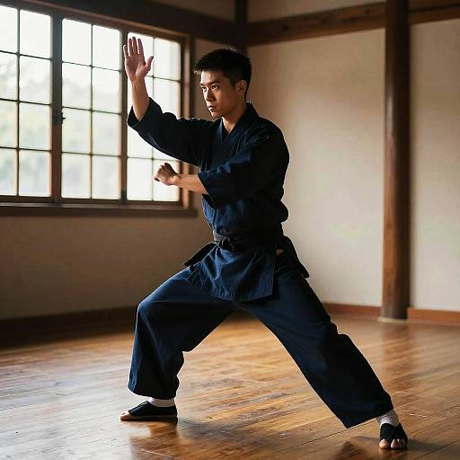 Photograph of an Asian man in blue martial arts uniform, performing a wide-legged stance with raised hands in a sunlit wooden room.