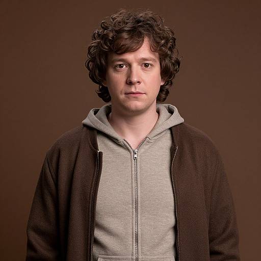 Photograph of a young white man with curly brown hair, wearing a gray hoodie and black jacket, against a brown background.