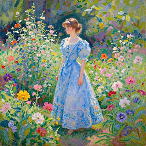 Whimsical painting of a young woman in a light blue dress standing amidst a vibrant, colorful garden filled with various flowers.