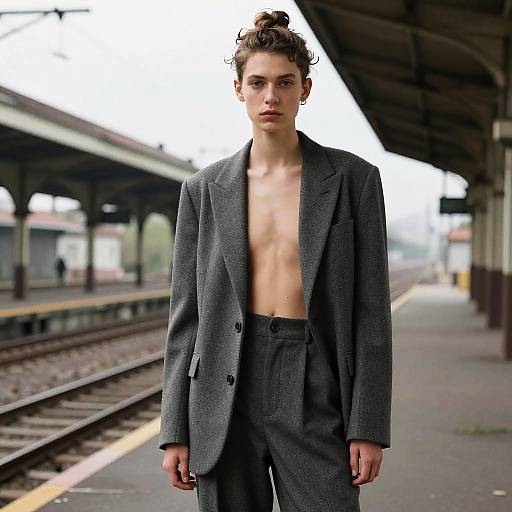 Non-binary Model in Wool Tailored Suit at Train Station
