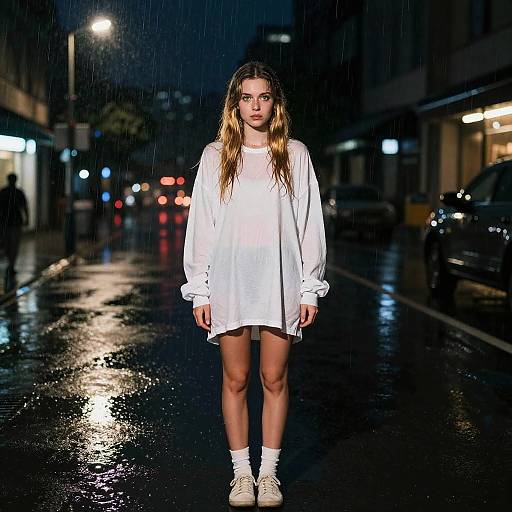 Photograph of a young woman with long, wet blonde hair, wearing a white oversized shirt, white socks, and white sneakers, standing in a rainy