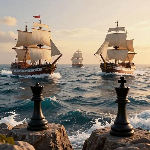 Dramatic 3D Seascape with Chess Kings