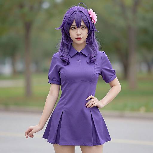 CGI anime-style photograph of a young woman with purple hair, pink flower, wearing a short-sleeved purple dress, standing outdoors.