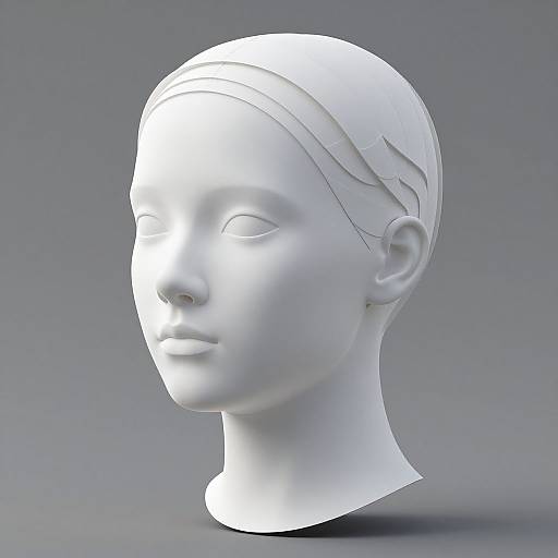Photorealistic 3D digital sculpture of a white, smooth, and featureless human head with subtle hairlines, set against a gray gradient background