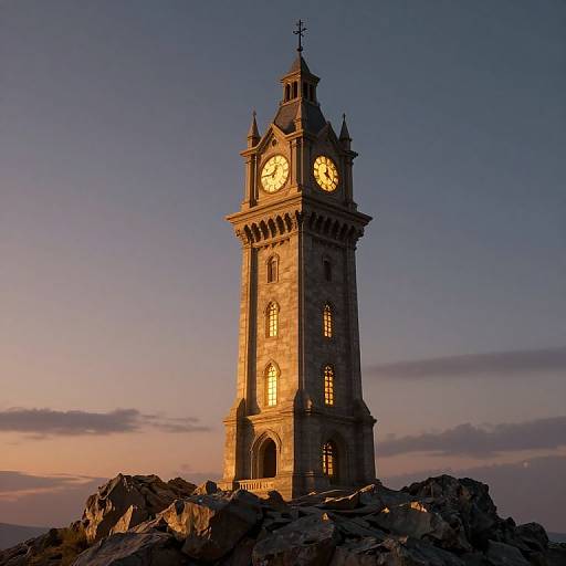 Photograph of a tall, illuminated clock tower at sunset, standing on rocky terrain with a gradient sky transitioning from purple to orange.