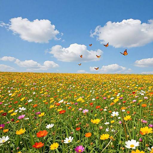 Vibrant photograph of a vast field of colorful wildflowers under a bright blue sky with fluffy white clouds and fluttering orange butterflies.