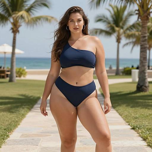 Confident Curvy Woman in Navy Bikini