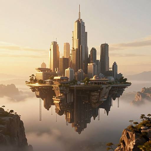 Photorealistic CGI of a futuristic city floating above a misty valley at sunrise, featuring towering skyscrapers and reflective water below.