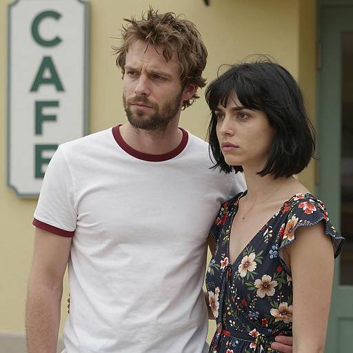 Serious Couple Standing Outside Cafe