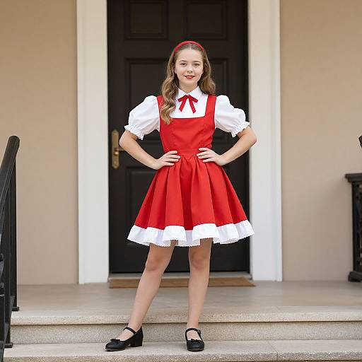Photograph of a young girl in a red pinafore dress with white blouse, red ribbon, black shoes, and red headband, standing confidently