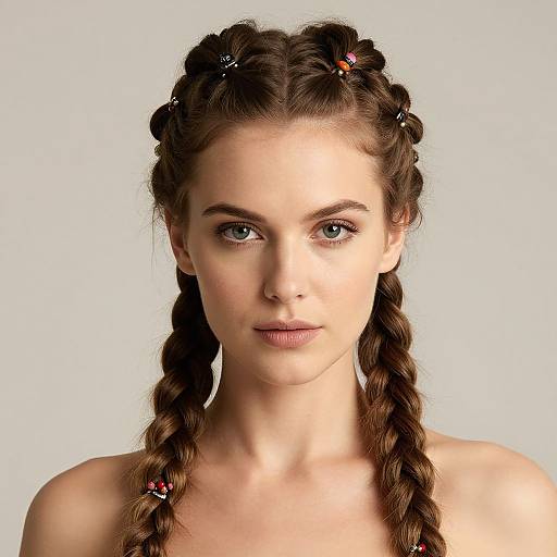 Photograph of a fair-skinned woman with blue eyes, brown braided hair adorned with small red and black hair clips, against a plain white background
