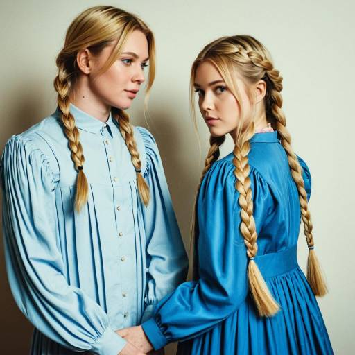 Young People in Blue Dresses with Braided Blonde Hair