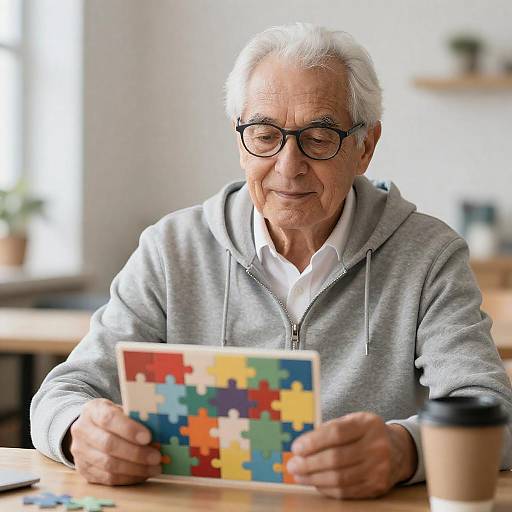 Elderly Man Solving Colorful Puzzle Indoors