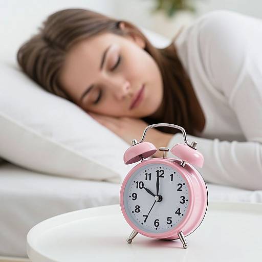 Photograph of a sleeping woman with closed eyes, brown hair, and white top, lying on a white pillow, with a pink alarm clock showing 