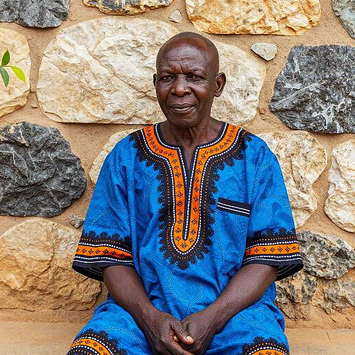 Elderly African Man in Traditional Dress Sitting by Stone Wall