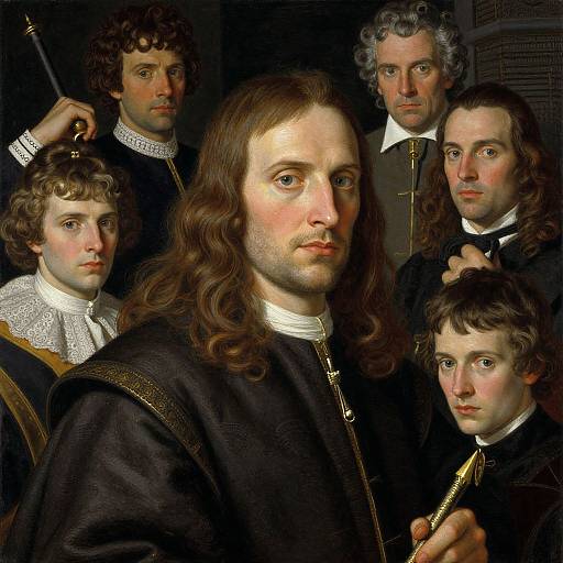 Renaissance portrait of six men with European features, long brown hair, and black attire, showing serious expressions, holding a sword.