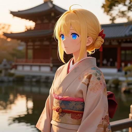 Blonde anime girl with blue eyes, wearing a floral kimono, stands by a traditional Japanese temple at sunset, reflecting in the water. Digital art