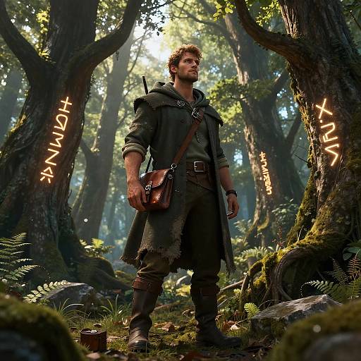 Photorealistic CGI: Bearded man in dark, rugged cloak and brown boots stands in enchanted forest with glowing runes on trees, sunlight filtering through dense