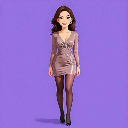 Digital illustration of a smiling woman with long dark hair, wearing a silver V-neck dress, black stockings, and black heels, against a solid purple background